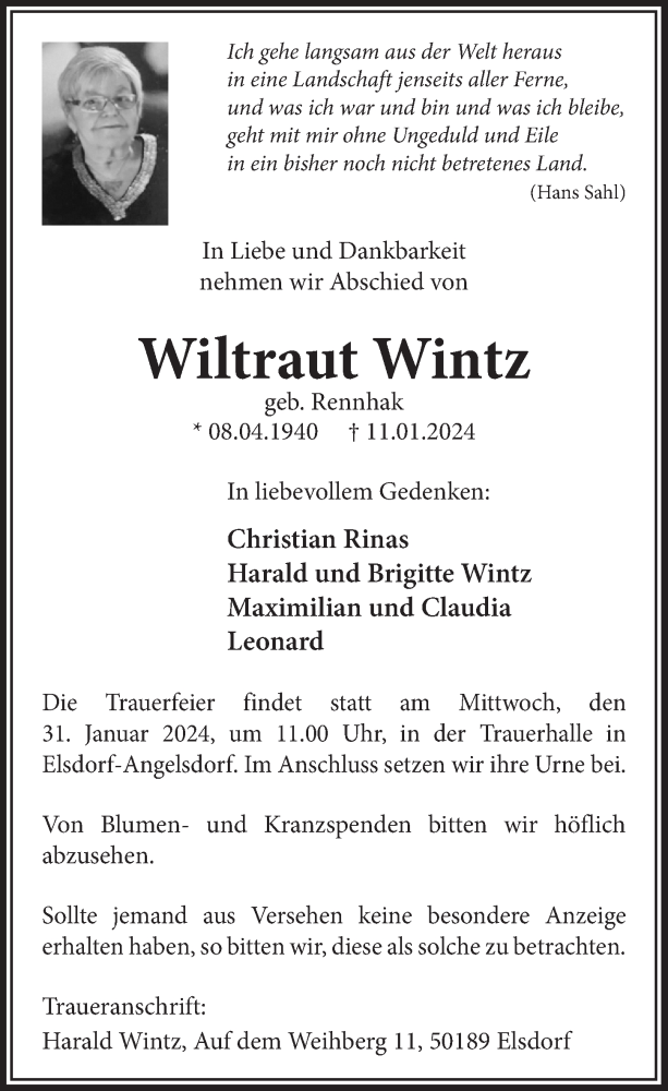  Traueranzeige für Wiltraut Wintz vom 26.01.2024 aus  Werbepost 