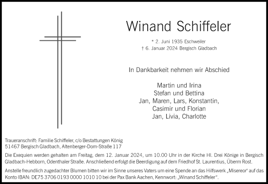 Anzeige von Winand Schiffeler von Kölner Stadt-Anzeiger / Kölnische Rundschau / Express