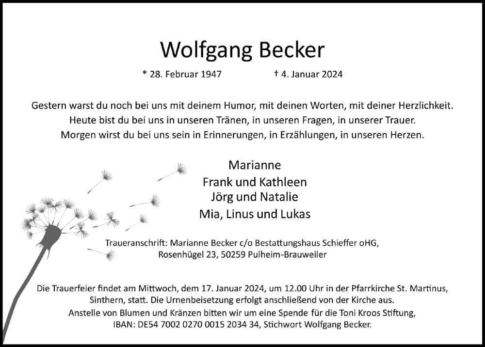  Traueranzeige für Wolfgang Becker vom 12.01.2024 aus  Wochenende 