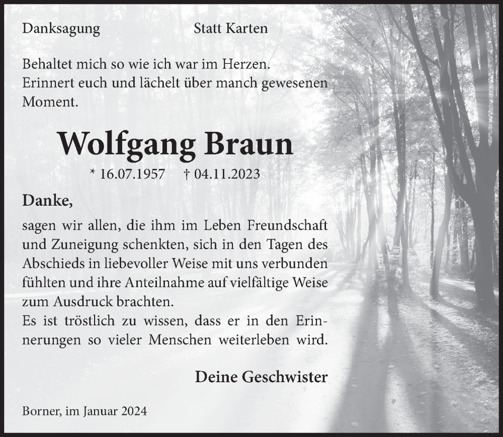  Traueranzeige für Wolfgang Braun vom 19.01.2024 aus  Anzeigen Echo  Lokalanzeiger 