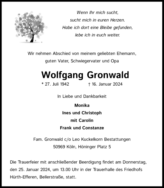 Anzeige von Wolfgang Gronwald von Kölner Stadt-Anzeiger / Kölnische Rundschau / Express