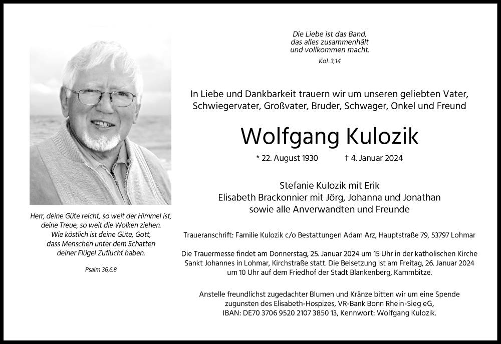 Traueranzeige für Wolfgang Kulozik vom 20.01.2024 aus Kölner Stadt-Anzeiger / Kölnische Rundschau / Express