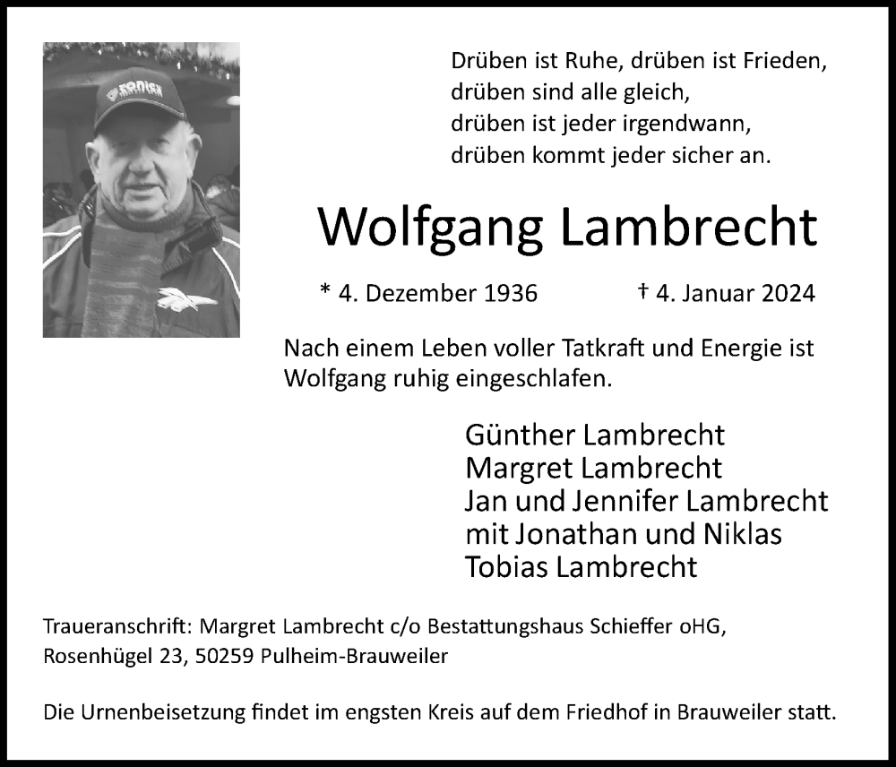  Traueranzeige für Wolfgang Lambrecht vom 20.01.2024 aus Kölner Stadt-Anzeiger / Kölnische Rundschau / Express
