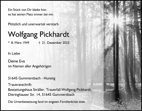 Anzeige von Wolfgang Pickhardt von  Anzeigen Echo 