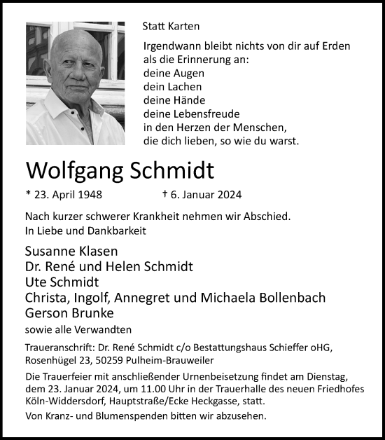 Anzeige von Wolfgang Schmidt von Kölner Stadt-Anzeiger / Kölnische Rundschau / Express