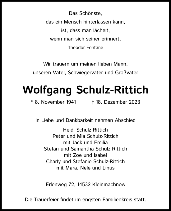 Anzeige von Wolfgang Schulz-Rittich von Kölner Stadt-Anzeiger / Kölnische Rundschau / Express