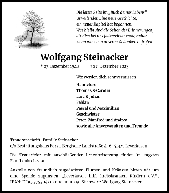 Anzeige von Wolfgang Steinacker von Kölner Stadt-Anzeiger / Kölnische Rundschau / Express