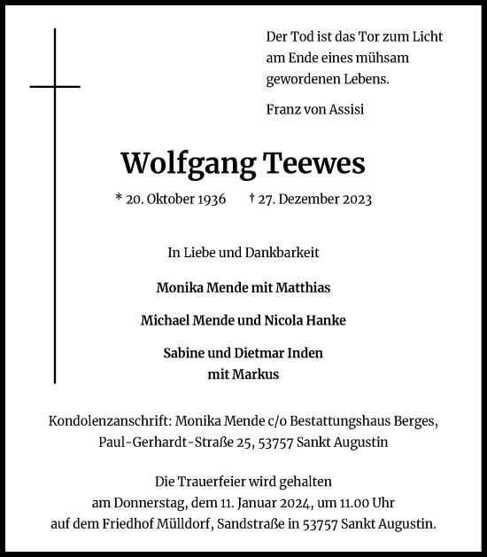 Anzeige von Wolfgang Teewes von Kölner Stadt-Anzeiger / Kölnische Rundschau / Express