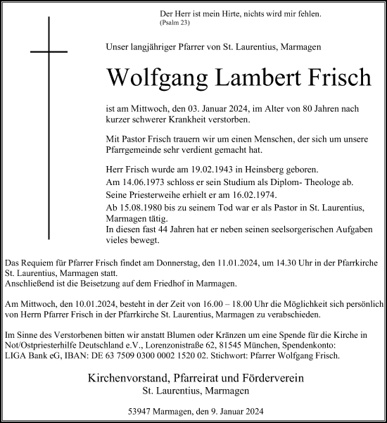 Anzeige von Wolfgang Lambert Frisch von Kölner Stadt-Anzeiger / Kölnische Rundschau / Express