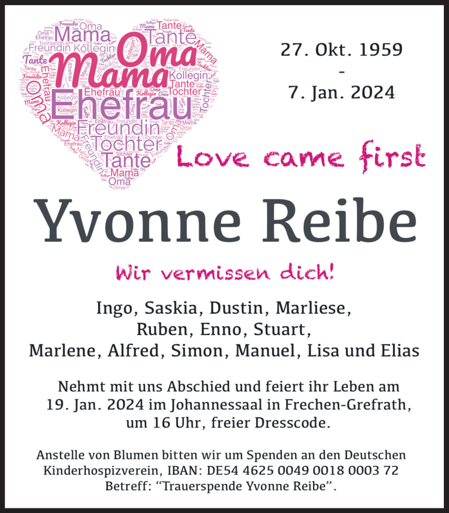  Traueranzeige für Yvonne Reibe vom 13.01.2024 aus Kölner Stadt-Anzeiger / Kölnische Rundschau / Express