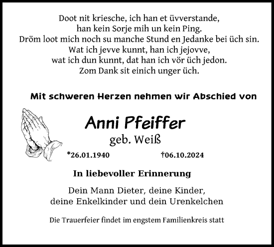 Anzeige von Anni Pfeiffer von Kölner Stadt-Anzeiger / Kölnische Rundschau / Express
