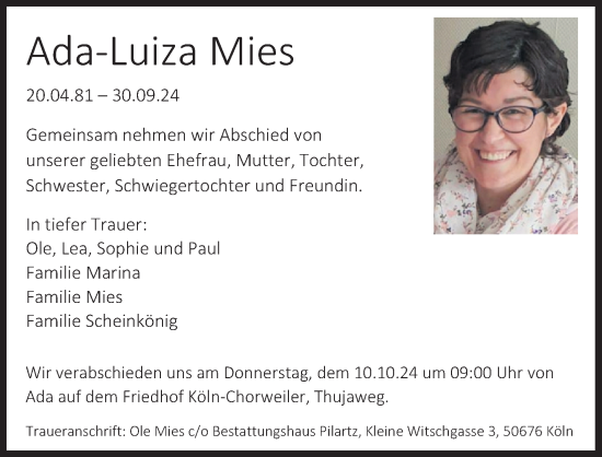 Anzeige von Ada-Luiza Mies von Kölner Stadt-Anzeiger / Kölnische Rundschau / Express