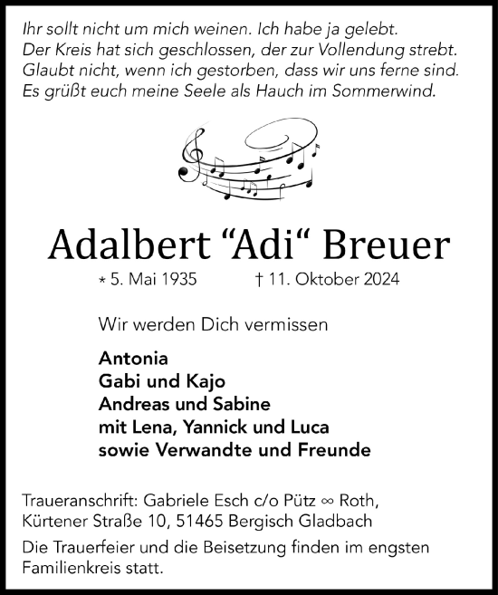 Anzeige von Adalbert Breuer von  Bergisches Handelsblatt 