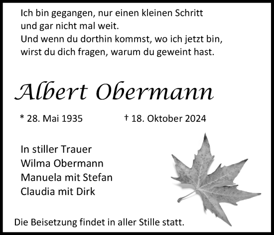 Anzeige von Albert Obermann von Kölner Stadt-Anzeiger / Kölnische Rundschau / Express