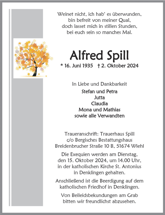 Anzeige von Alfred Spill von  Lokalanzeiger 