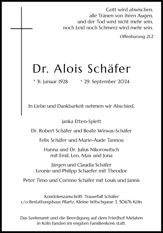 Anzeige von Alois Schäfer von Kölner Stadt-Anzeiger / Kölnische Rundschau / Express