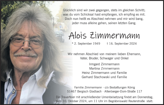 Anzeige von Alois Zimermann von  Bergisches Handelsblatt 