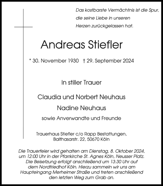 Anzeige von Andreas Stiefler von Kölner Stadt-Anzeiger / Kölnische Rundschau / Express