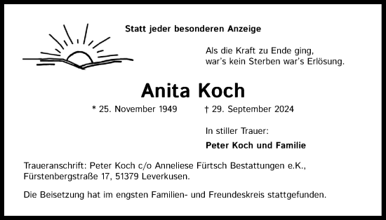 Anzeige von Anita Koch von Kölner Stadt-Anzeiger / Kölnische Rundschau / Express