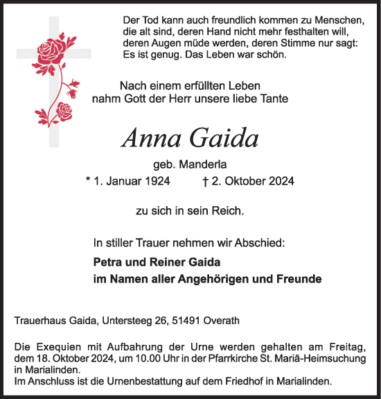 Anzeige von Anna Gaida von Kölner Stadt-Anzeiger / Kölnische Rundschau / Express