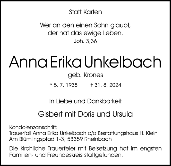 Anzeige von Anna Erika Unkelbach von  Schaufenster/Blickpunkt 