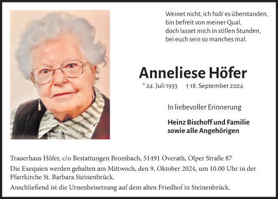 Anzeige von Anneliese Höfer von  Bergisches Handelsblatt 