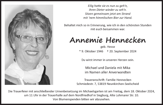 Anzeige von Annemie Hennecken von  Extra Blatt 