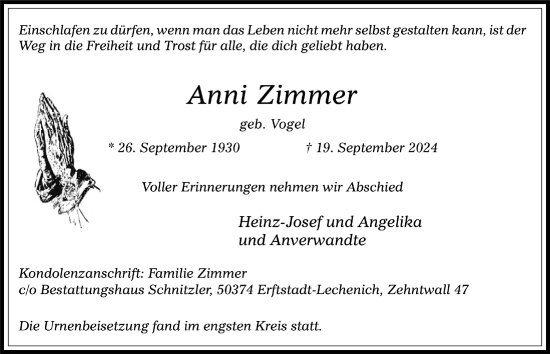 Anzeige von Anni Zimmer von  Werbepost 