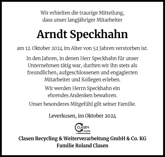 Anzeige von Arndt Speckhahn von Kölner Stadt-Anzeiger / Kölnische Rundschau / Express