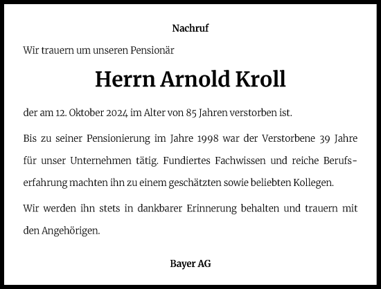 Anzeige von Arnold Kroll von Kölner Stadt-Anzeiger / Kölnische Rundschau / Express