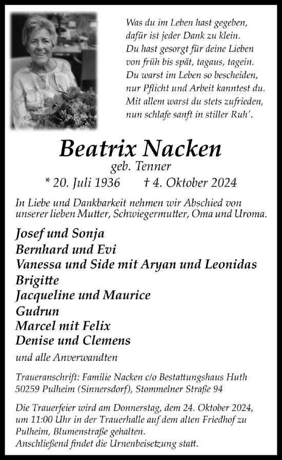 Anzeige von Beatrix Nacken von  Wochenende 