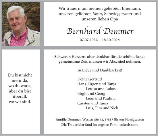 Anzeige von Bernhard Demmer von  Lokalanzeiger 