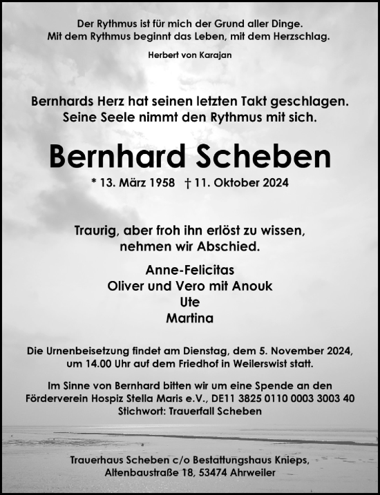 Anzeige von Bernhard Scheben von  Blickpunkt Euskirchen 