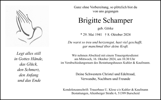 Anzeige von Brigitte Schamper von Kölner Stadt-Anzeiger / Kölnische Rundschau / Express