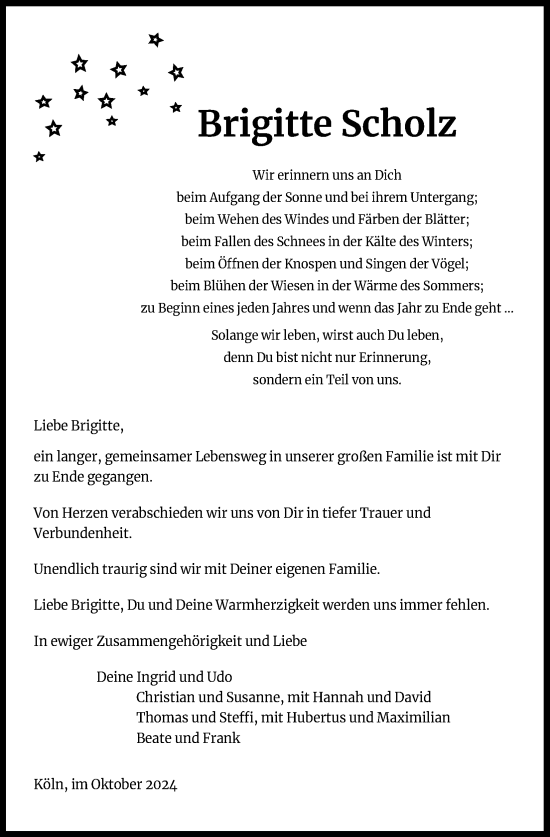 Anzeige von Brigitte Scholz von Kölner Stadt-Anzeiger / Kölnische Rundschau / Express