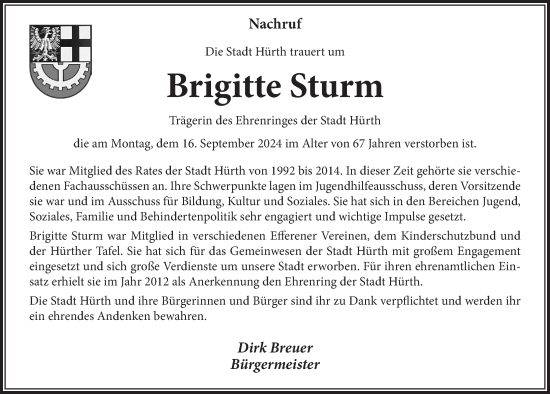 Anzeige von Brigitte Sturm von  Wochenende 