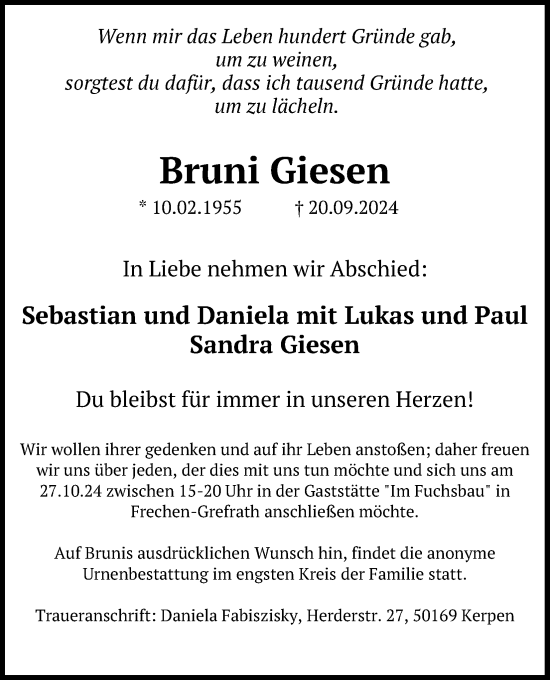 Anzeige von Bruni Giesen von Kölner Stadt-Anzeiger / Kölnische Rundschau / Express