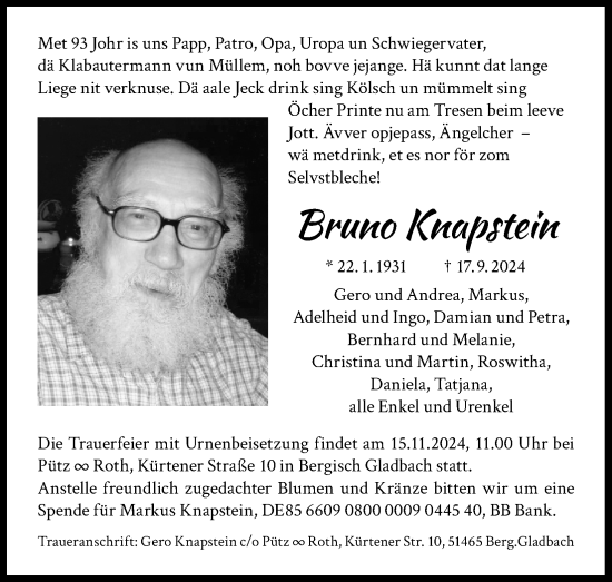 Anzeige von Bruno Knapstein von Kölner Stadt-Anzeiger / Kölnische Rundschau / Express