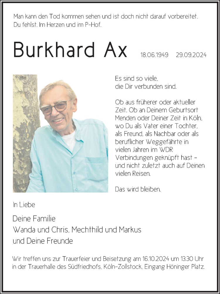  Traueranzeige für Burkhard Ax vom 12.10.2024 aus Kölner Stadt-Anzeiger / Kölnische Rundschau / Express