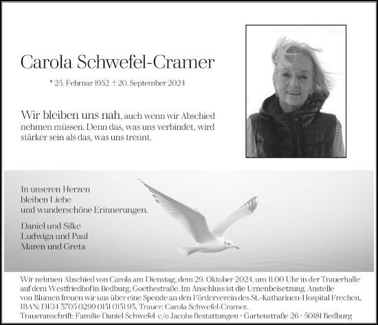 Anzeige von Carola Schwefel-Cramer von  Werbepost 