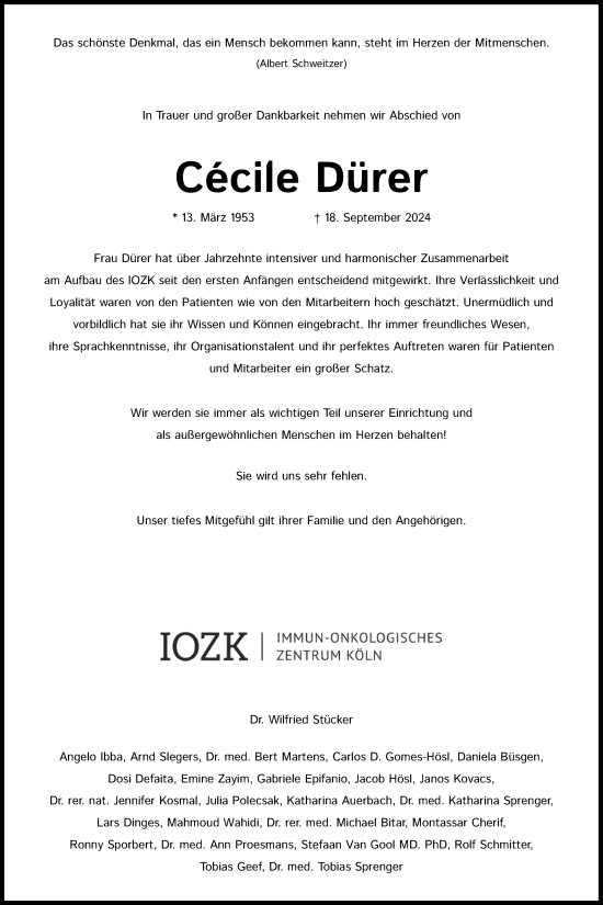 Anzeige von Cecile Dürer von Kölner Stadt-Anzeiger / Kölnische Rundschau / Express