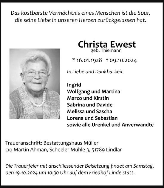 Anzeige von Christa Ewest von Kölner Stadt-Anzeiger / Kölnische Rundschau / Express
