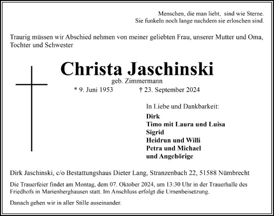 Anzeige von Christa Jaschinski von  Lokalanzeiger 