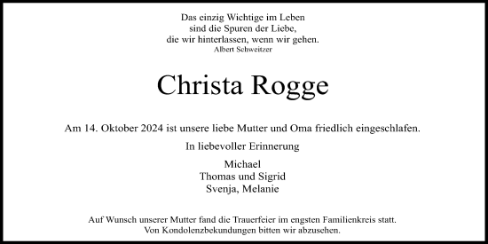 Anzeige von Christa Rogge von Kölner Stadt-Anzeiger / Kölnische Rundschau / Express