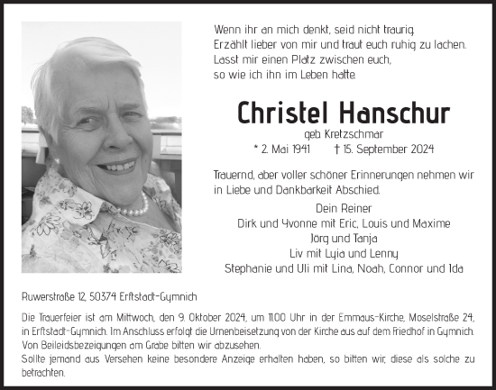 Anzeige von Christel Hauschur von  Werbepost 