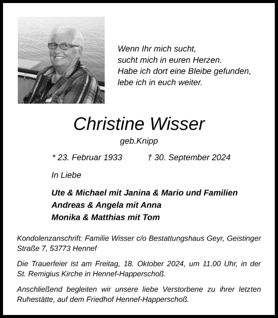 Anzeige von Christine Wisser von Kölner Stadt-Anzeiger / Kölnische Rundschau / Express