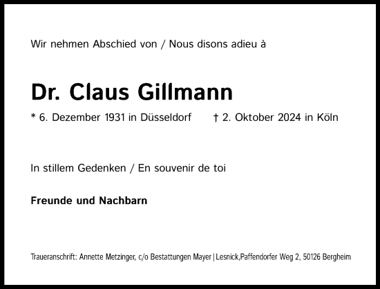 Anzeige von Claus Gillmann von Kölner Stadt-Anzeiger / Kölnische Rundschau / Express