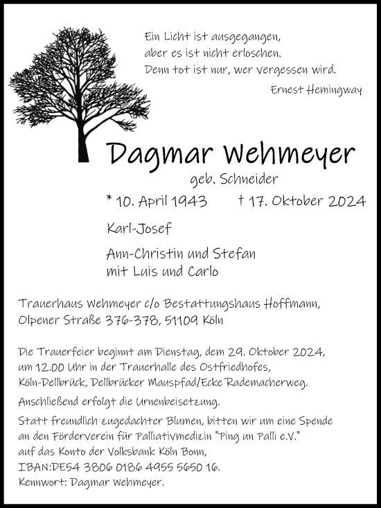 Anzeige von Dagmar Wehmeyer von Kölner Stadt-Anzeiger / Kölnische Rundschau / Express