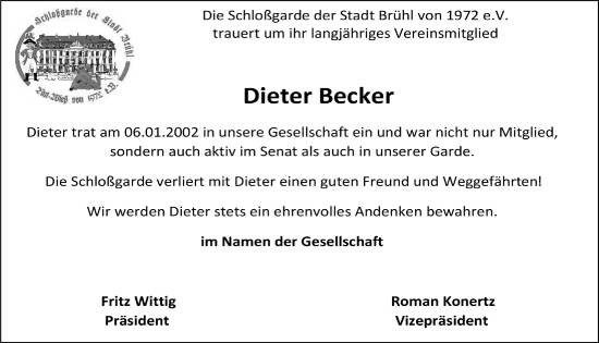Anzeige von Dieter Becker von  Schlossbote/Werbekurier 