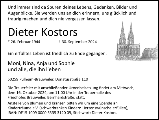 Anzeige von Dieter Kostors von Kölner Stadt-Anzeiger / Kölnische Rundschau / Express